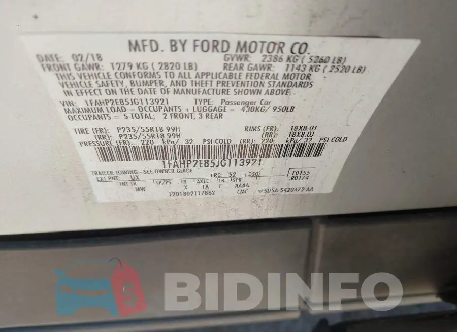 1FAHP2E85JG113921 Photo# 9