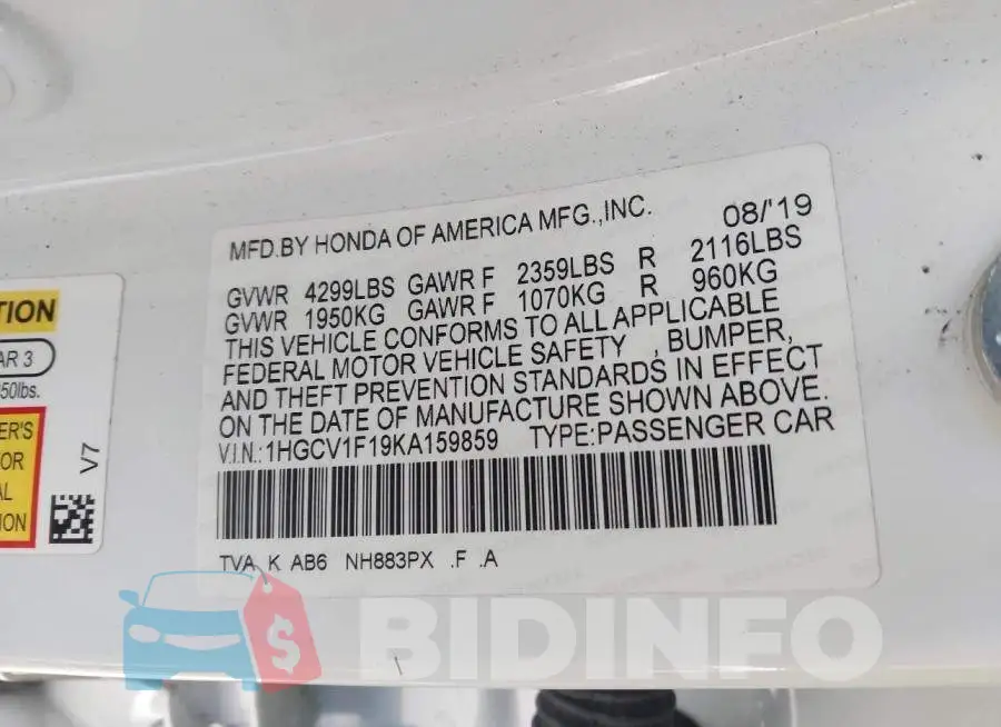 1HGCV1F19KA159859 Photo# 9