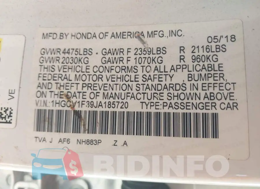1HGCV1F39JA185720 Photo# 9
