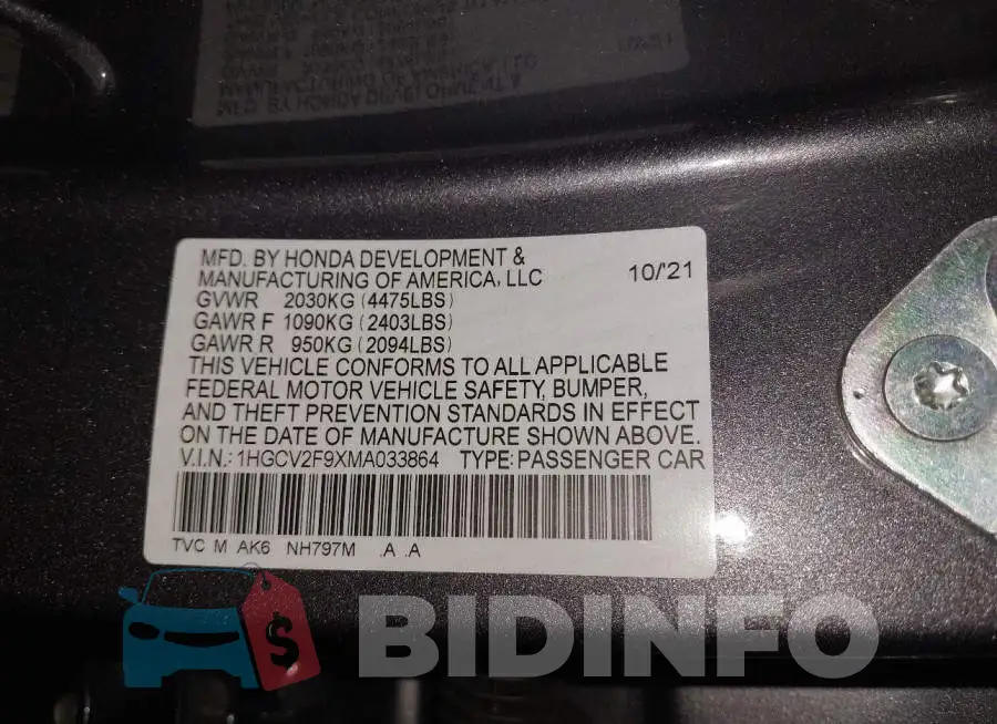 1HGCV2F9XMA033864 Photo# 9