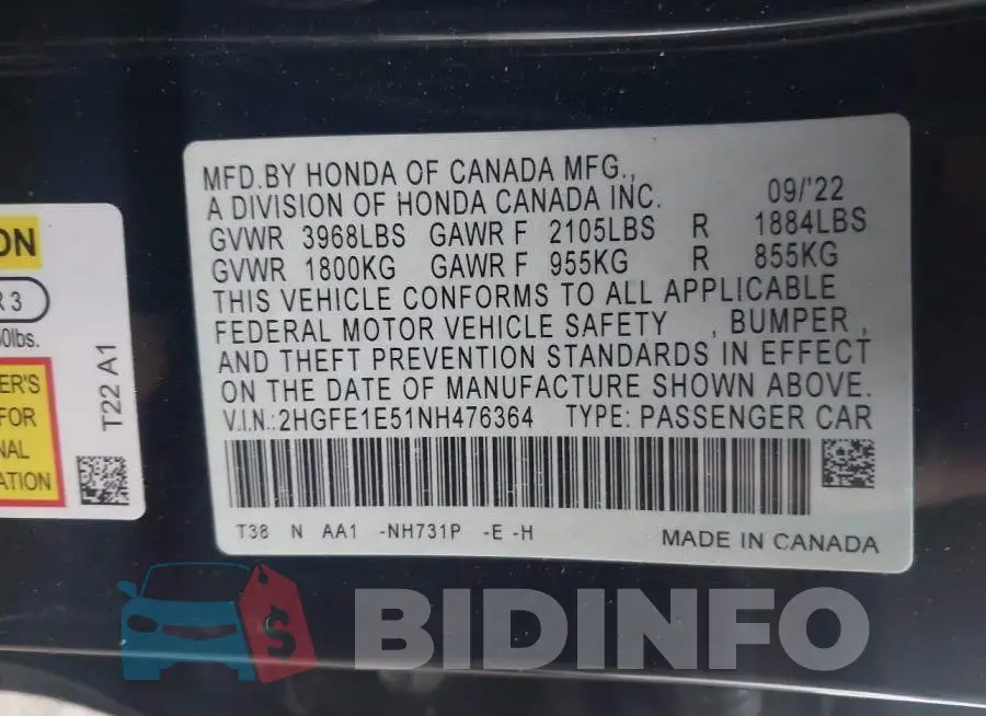 2HGFE1E51NH476364 Photo# 9