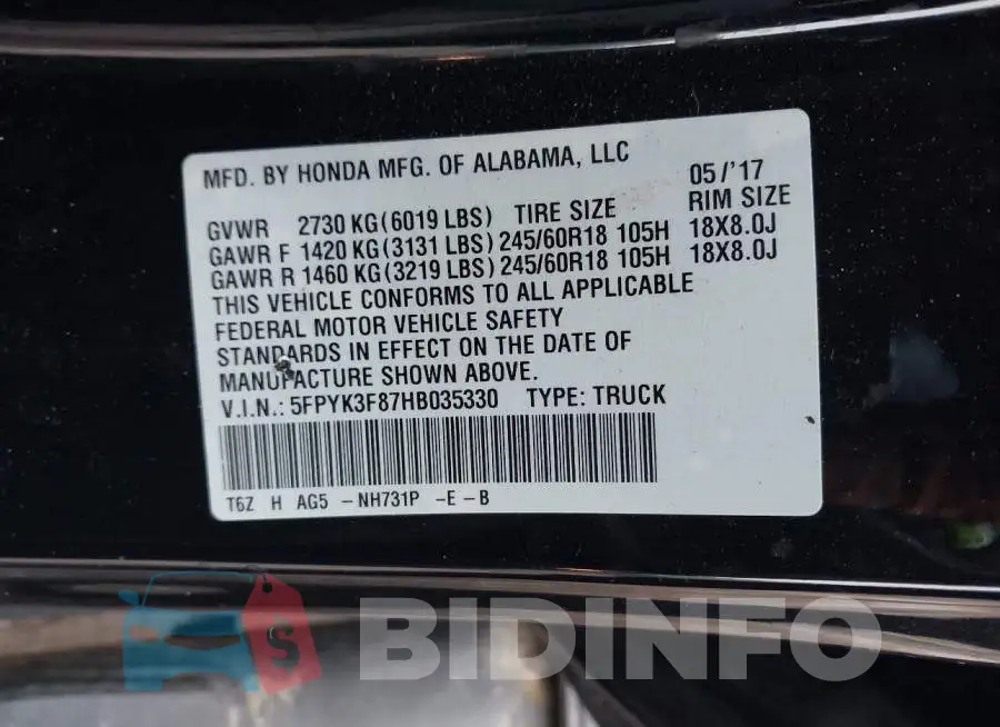 5FPYK3F87HB035330 Photo# 9