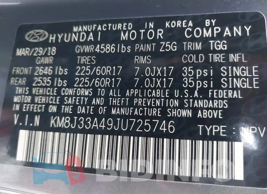 KM8J33A49JU725746 Photo# 9