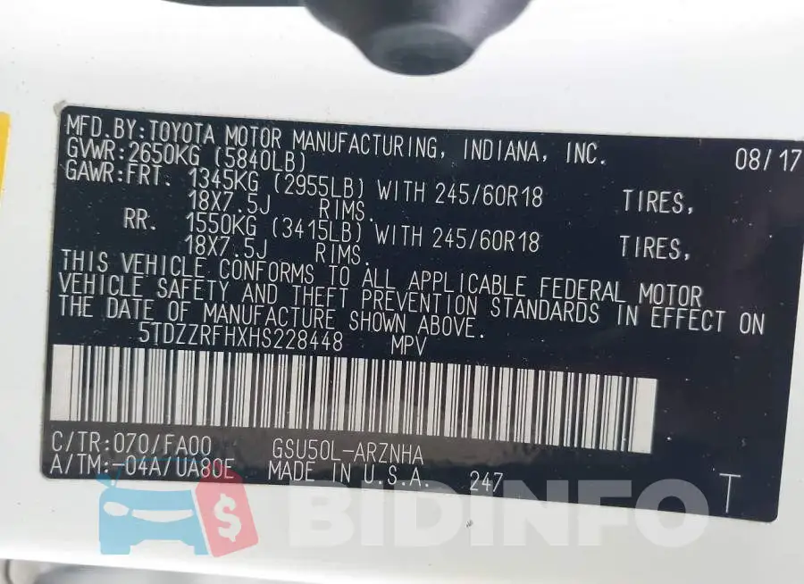 5TDZZRFHXHS228448 Photo# 9