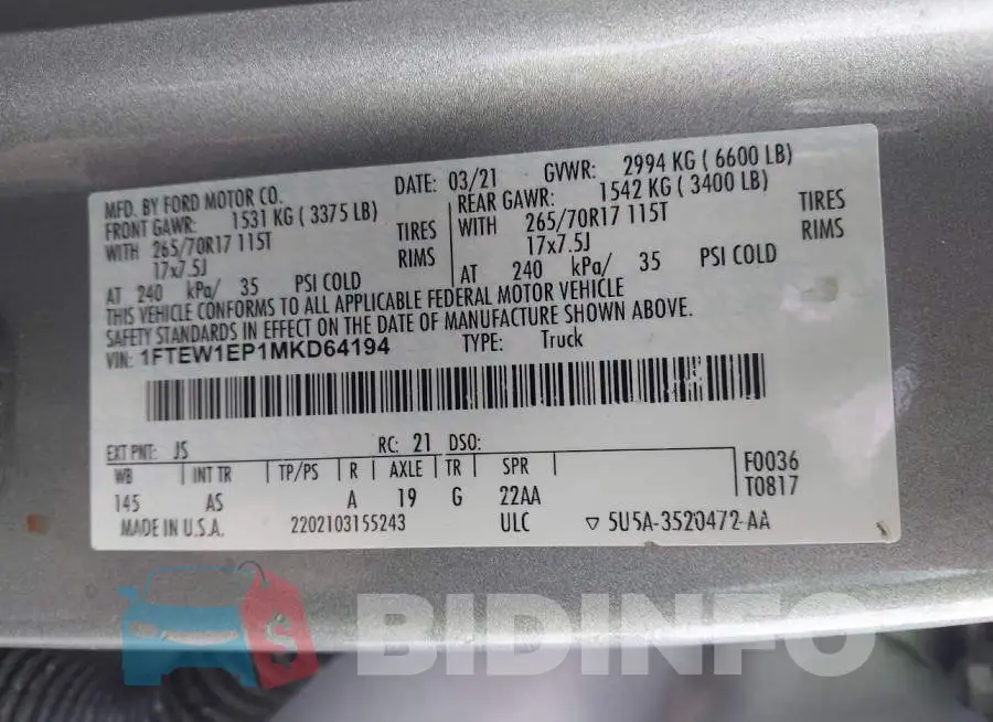 1FTEW1EP1MKD64194 Photo# 9
