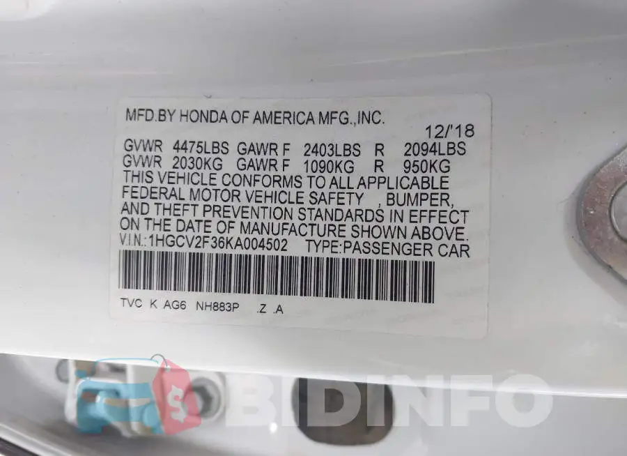 1HGCV2F36KA004502 Photo# 9