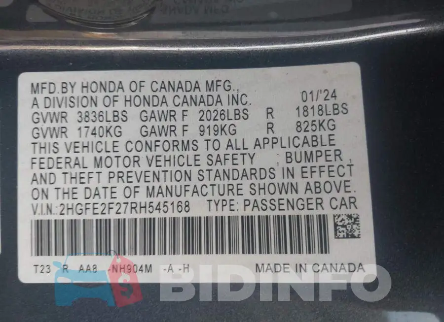 2HGFE2F27RH545168 Photo# 9