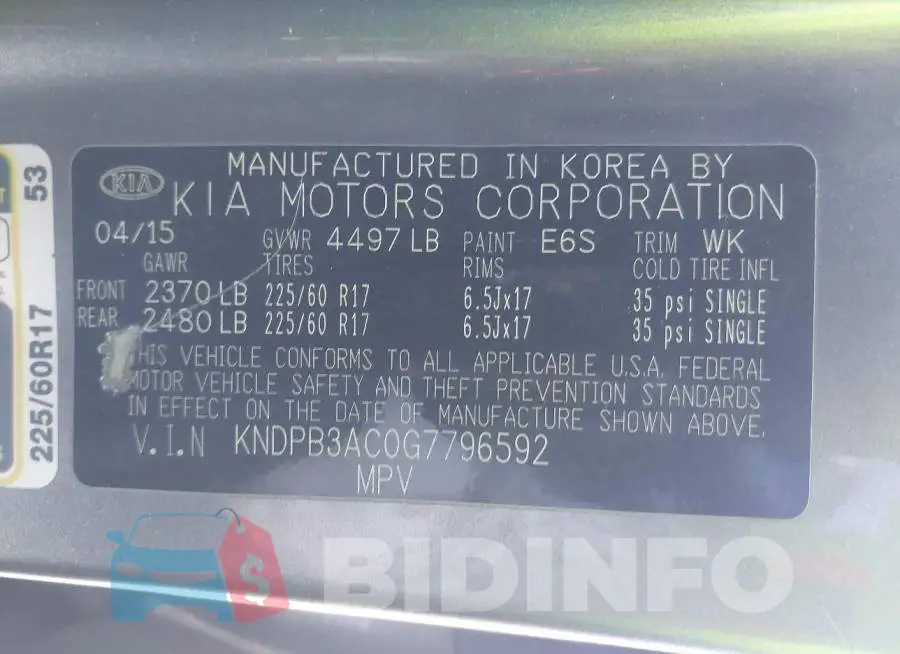 KNDPB3AC0G7796592 Photo# 9