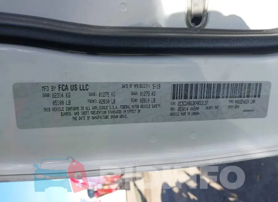 2C3CDXBG3KH653137 Photo# 9