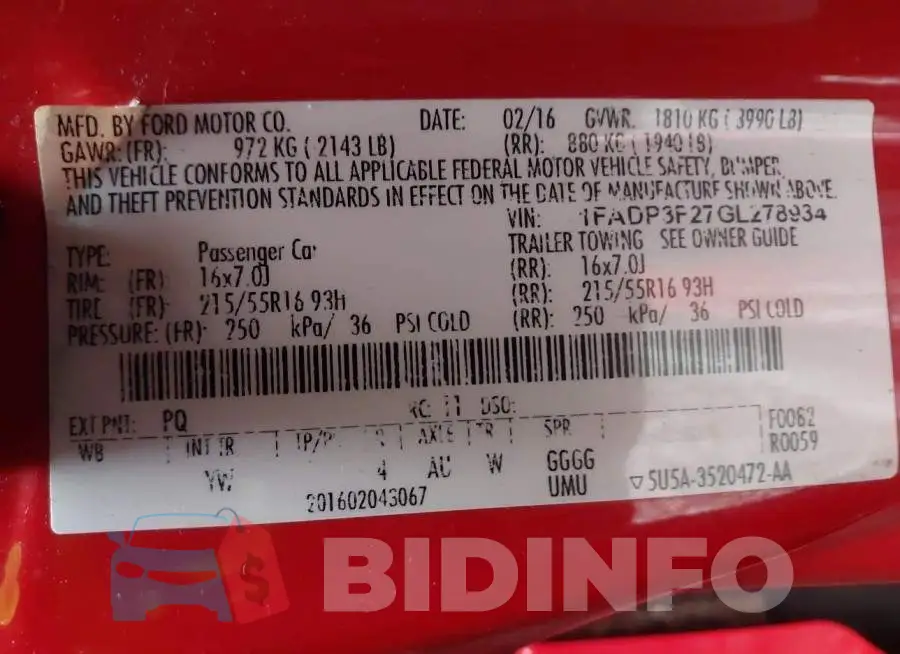 1FADP3F27GL278934 Photo# 9