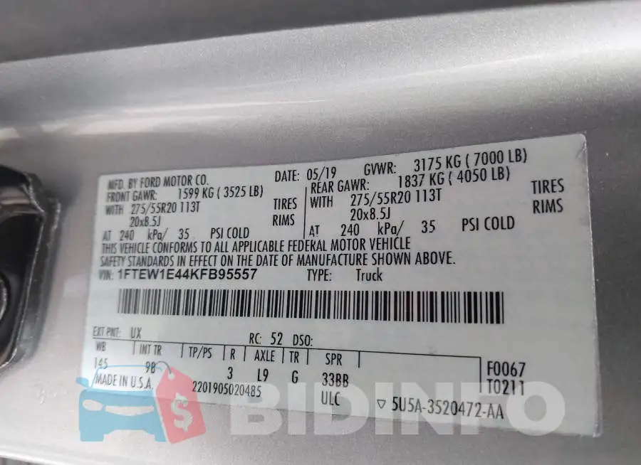 1FTEW1E44KFB95557 Photo# 9
