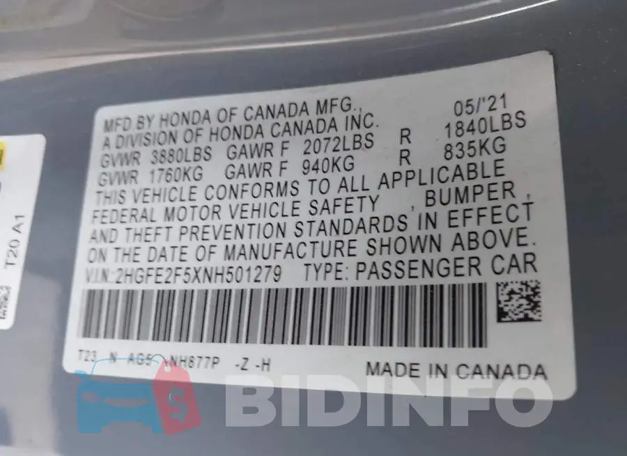 2HGFE2F5XNH501279 Photo# 9