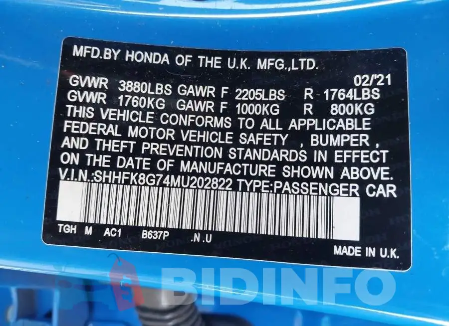 SHHFK8G74MU202822 Photo# 9