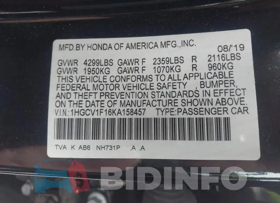 1HGCV1F16KA158457 Photo# 9