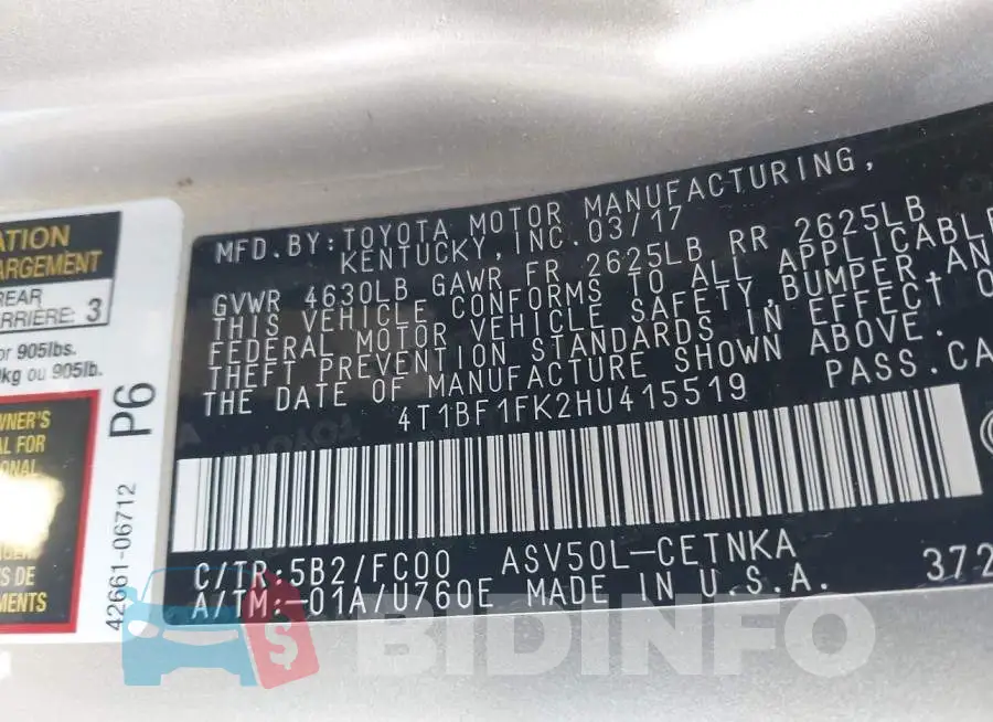 4T1BF1FK2HU415519 Photo# 9