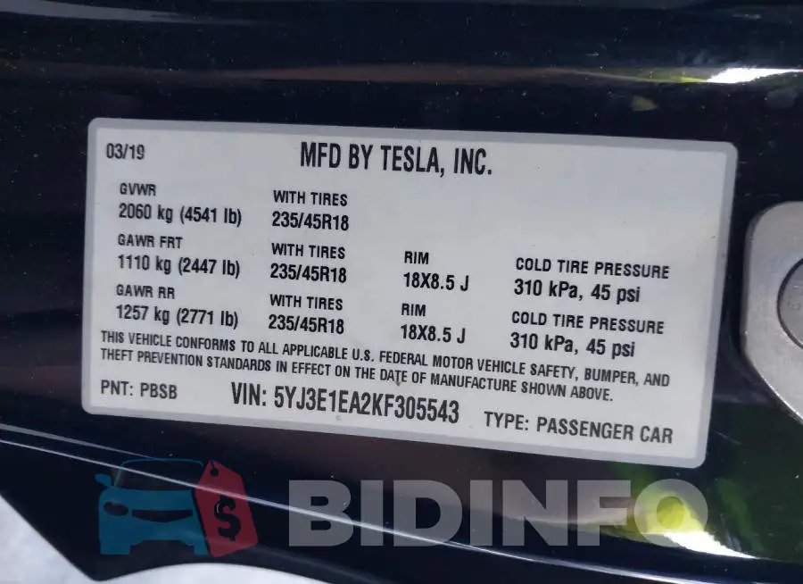 5YJ3E1EA2KF305543 Photo# 9