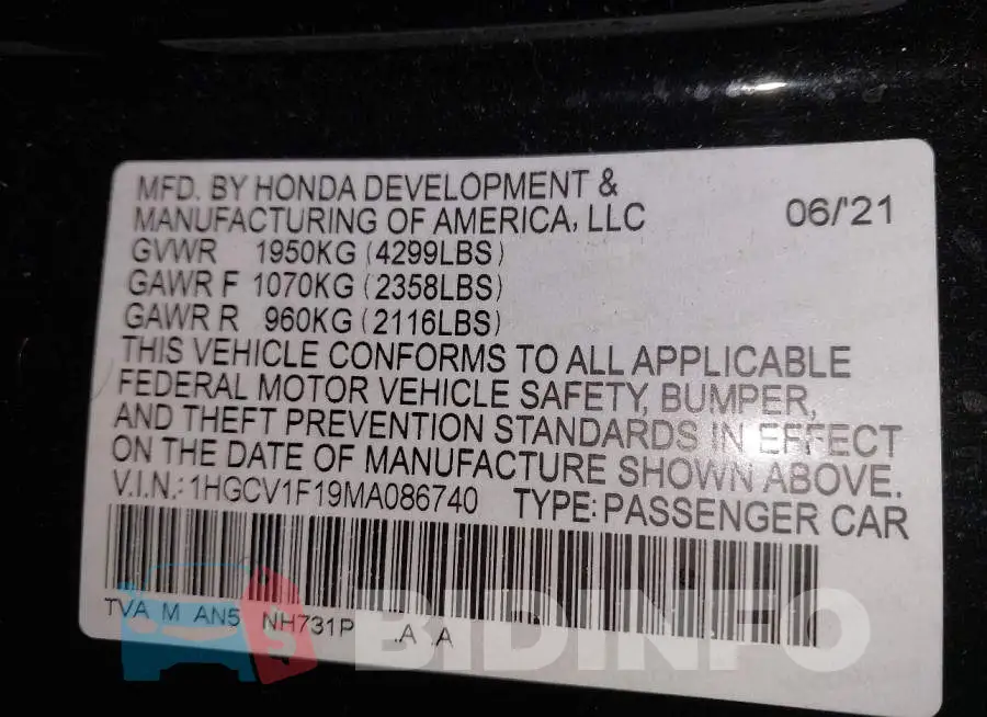 1HGCV1F19MA086740 Photo# 9
