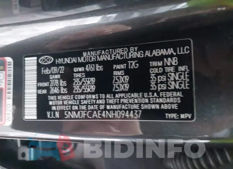 5NMJFCAE4NH094437 Photo# 9