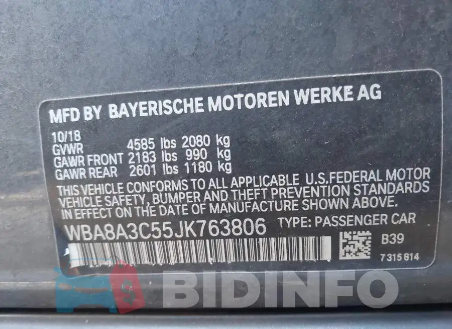 WBA8A3C55JK763806 Photo# 9