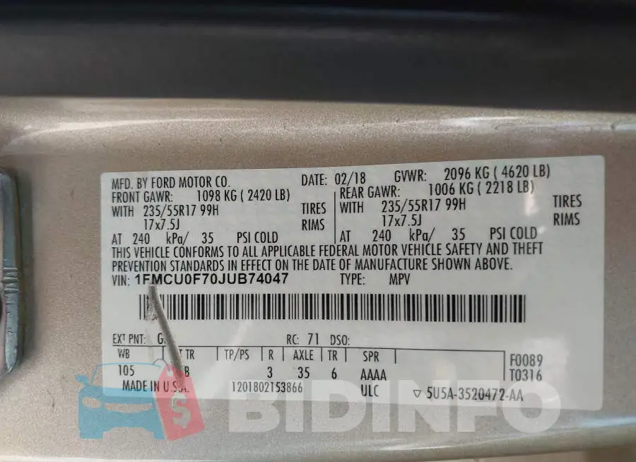 1FMCU0F70JUB74047 Photo# 9