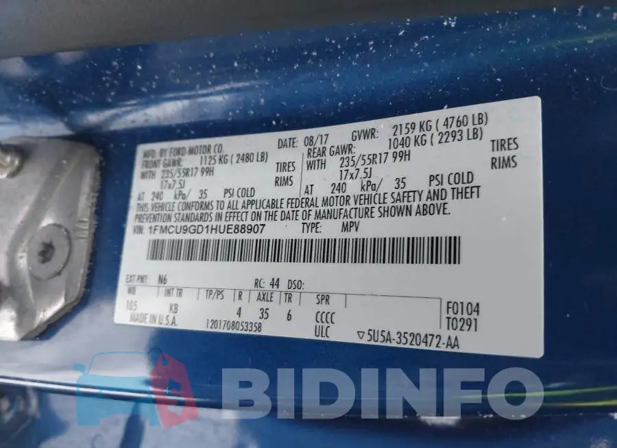 1FMCU9GD1HUE88907 Photo# 9