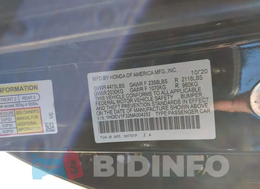 1HGCV1F32MA004252 Photo# 9
