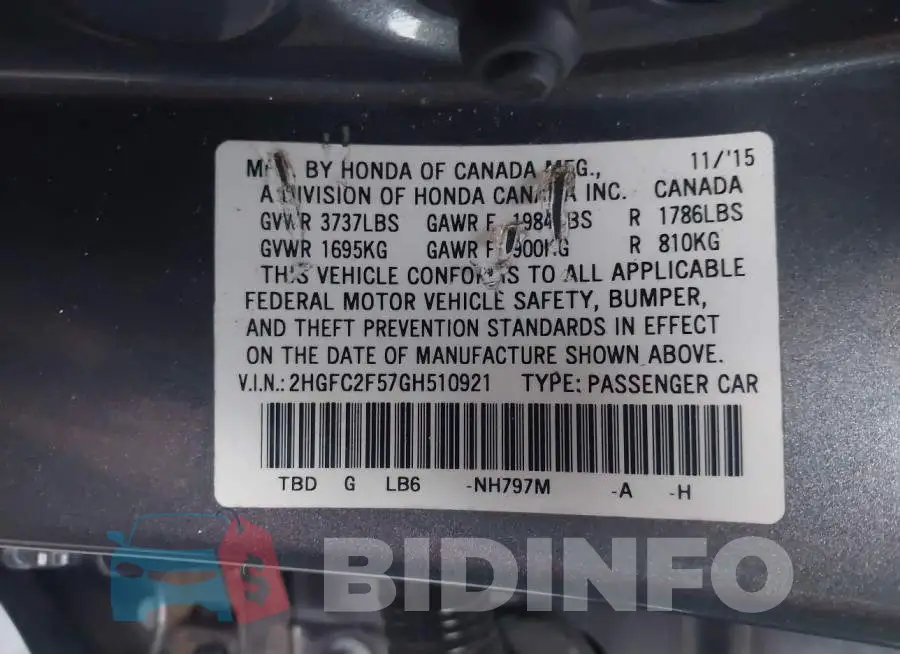 2HGFC2F57GH510921 Photo# 9