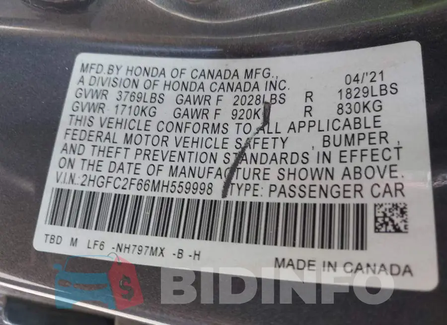 2HGFC2F66MH559998 Photo# 9