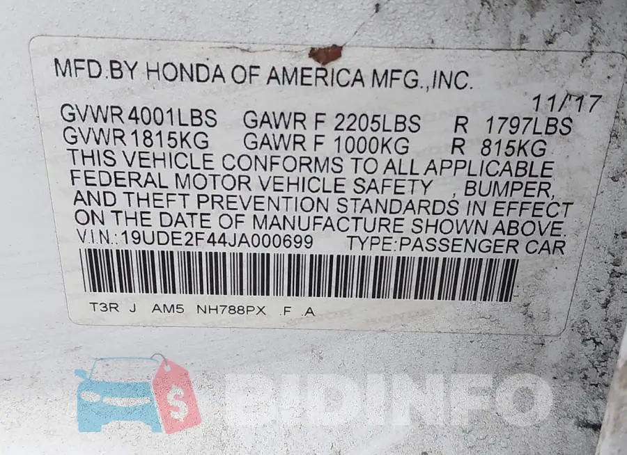 19UDE2F44JA000699 Photo# 9
