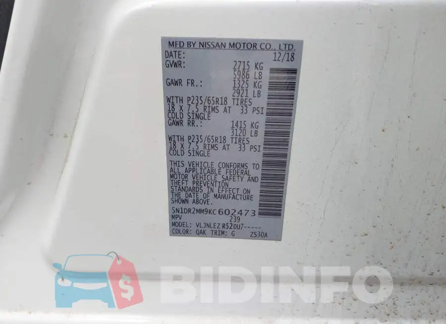 5N1DR2MM9KC602473 Photo# 9