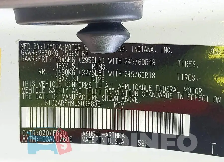 5TDZARFH9JS036886 Photo# 9