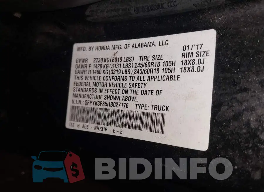 5FPYK3F85HB027176 Photo# 9