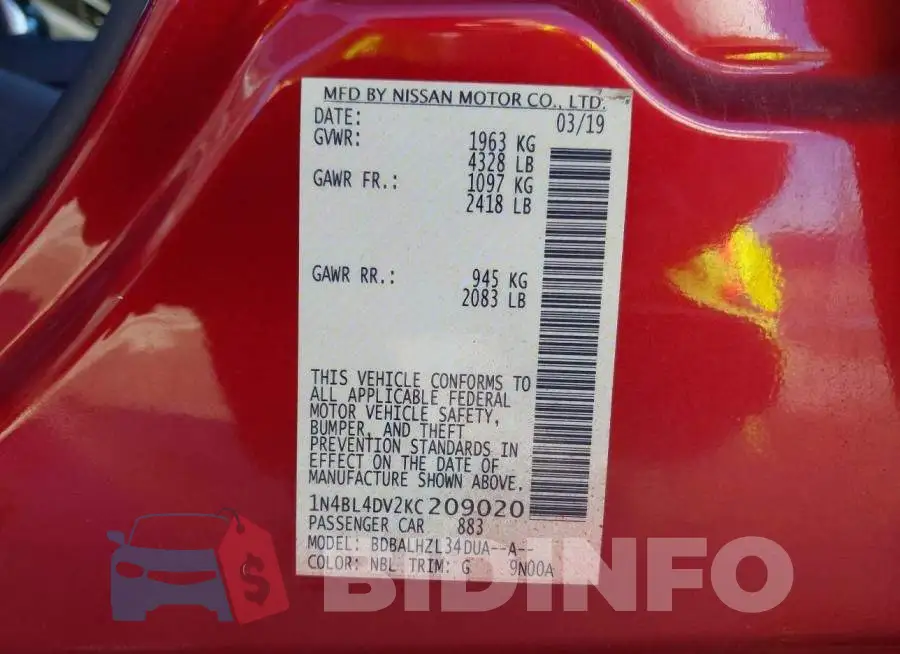 1N4BL4DV2KC209020 Photo# 9
