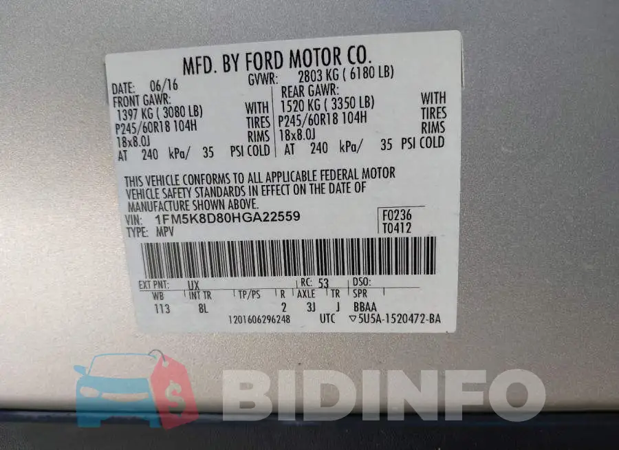 1FM5K8D80HGA22559 Photo# 8