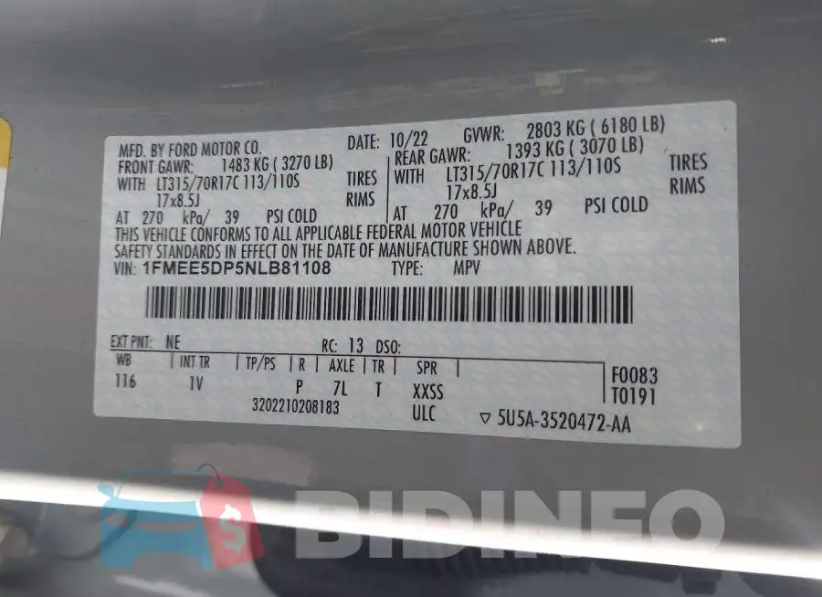 1FMEE5DP5NLB81108 Photo# 9