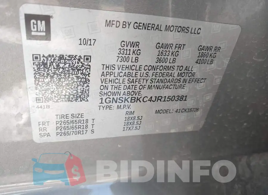 1GNSKBKC4JR150381 Photo# 9