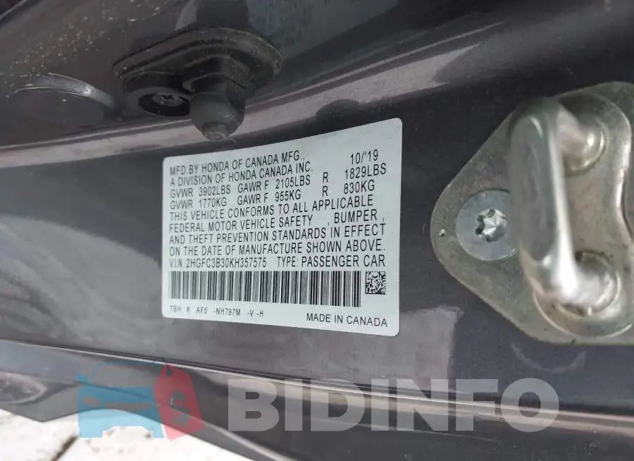 2HGFC3B30KH357575 Photo# 9