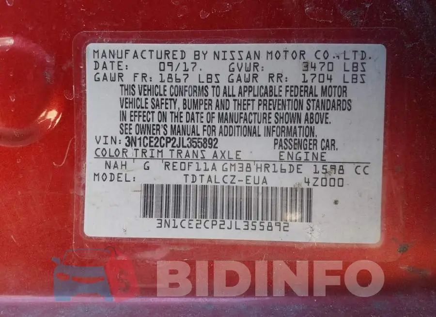 3N1CE2CP2JL355892 Photo# 9
