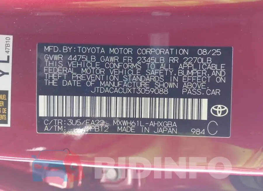 JTDACACUXT3059088 Photo# 9