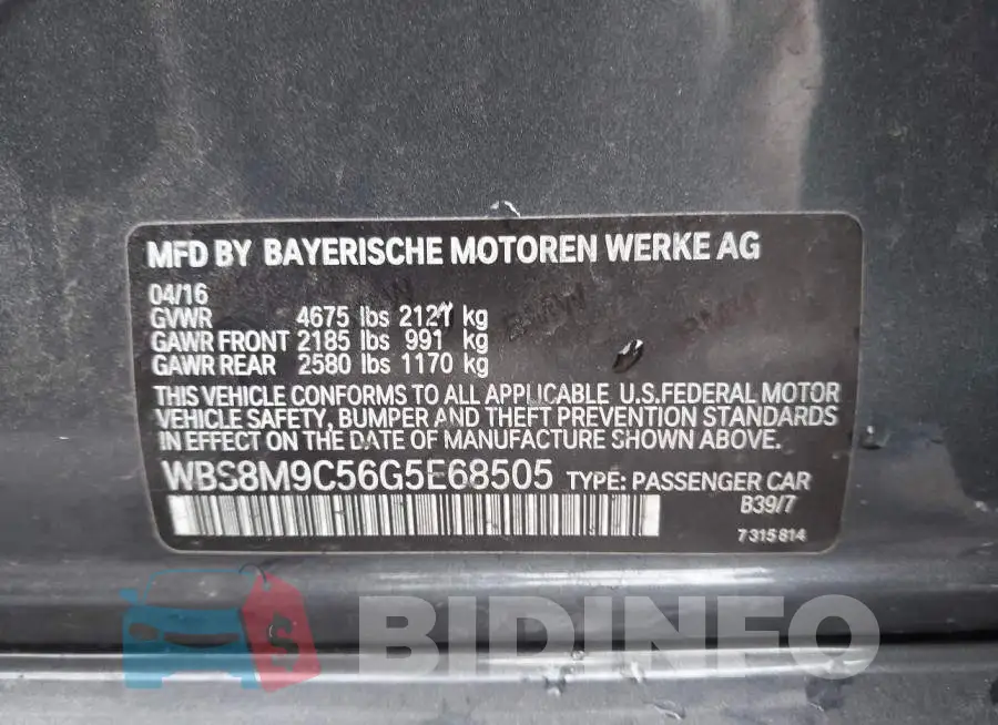 WBS8M9C56G5E68505 Photo# 9
