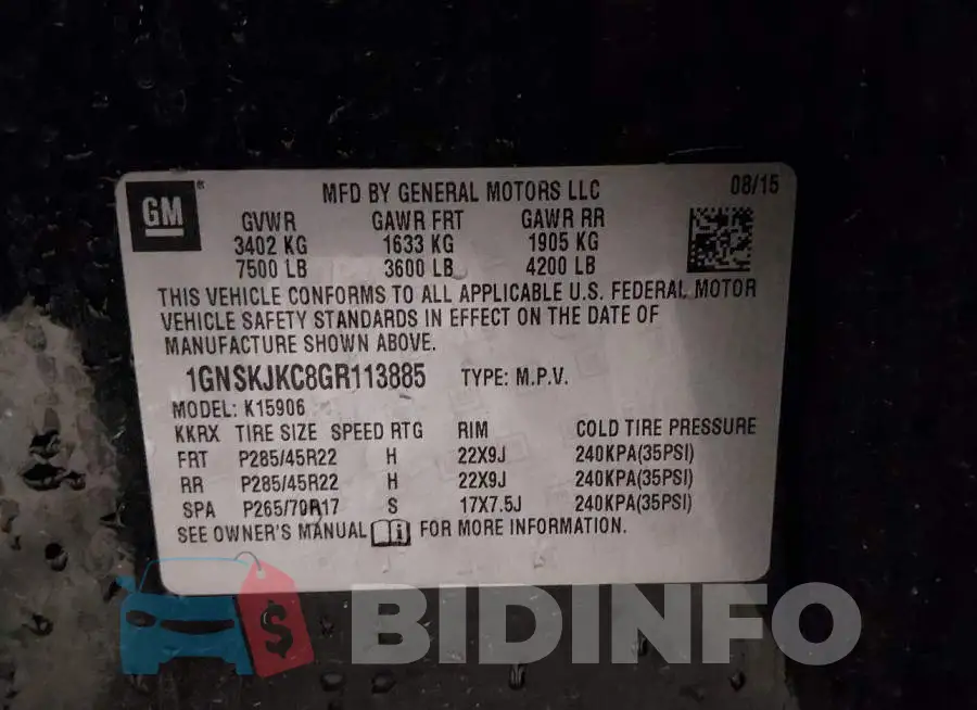 1GNSKJKC8GR113885 Photo# 9