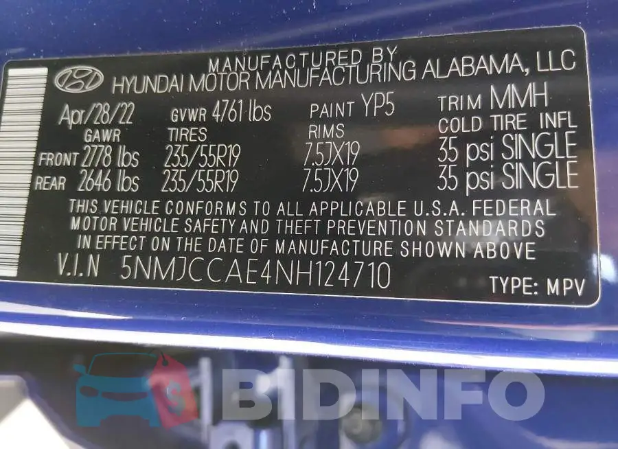 5NMJCCAE4NH124710 Photo# 9