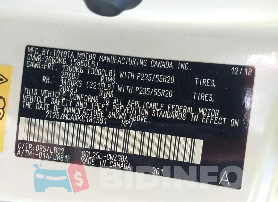 2T2BZMCAXKC181591 Photo# 9