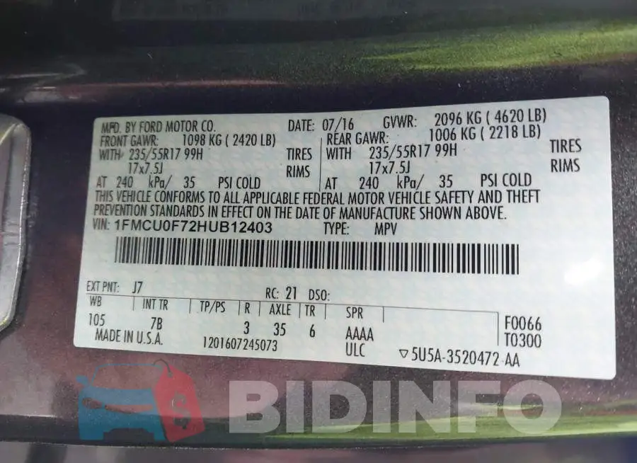 1FMCU0F72HUB12403 Photo# 9