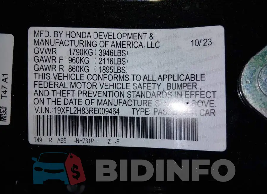 19XFL2H83RE009464 Photo# 9