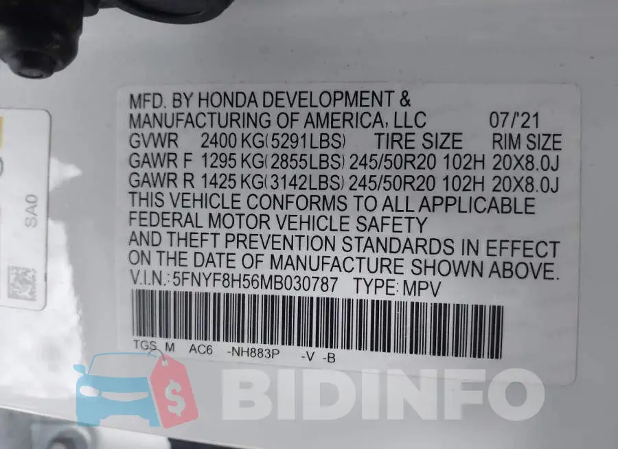 5FNYF8H56MB030787 Photo# 9