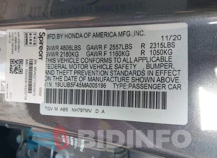 19UUB5F45MA005196 Photo# 9