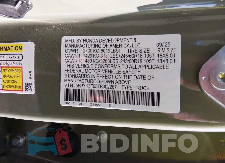 5FPYK3F65TB002267 Photo# 9