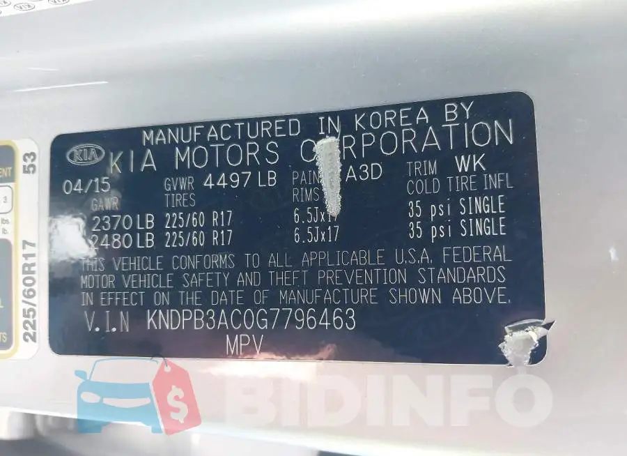 KNDPB3AC0G7796463 Photo# 9