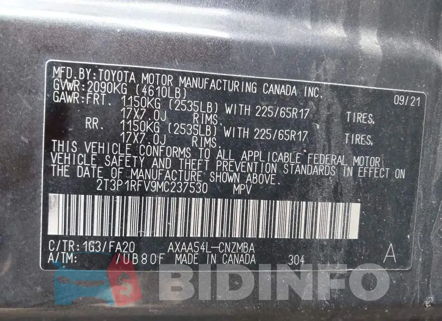 2T3P1RFV9MC237530 Photo# 9